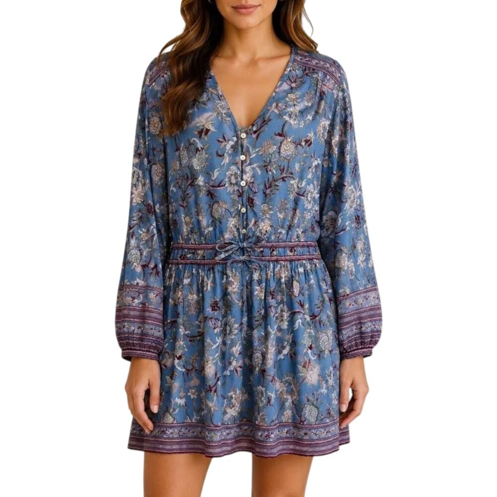 Veronica Beard Tiany Blue Floral Drawstring Mini Dress Size 4 Boho EUC